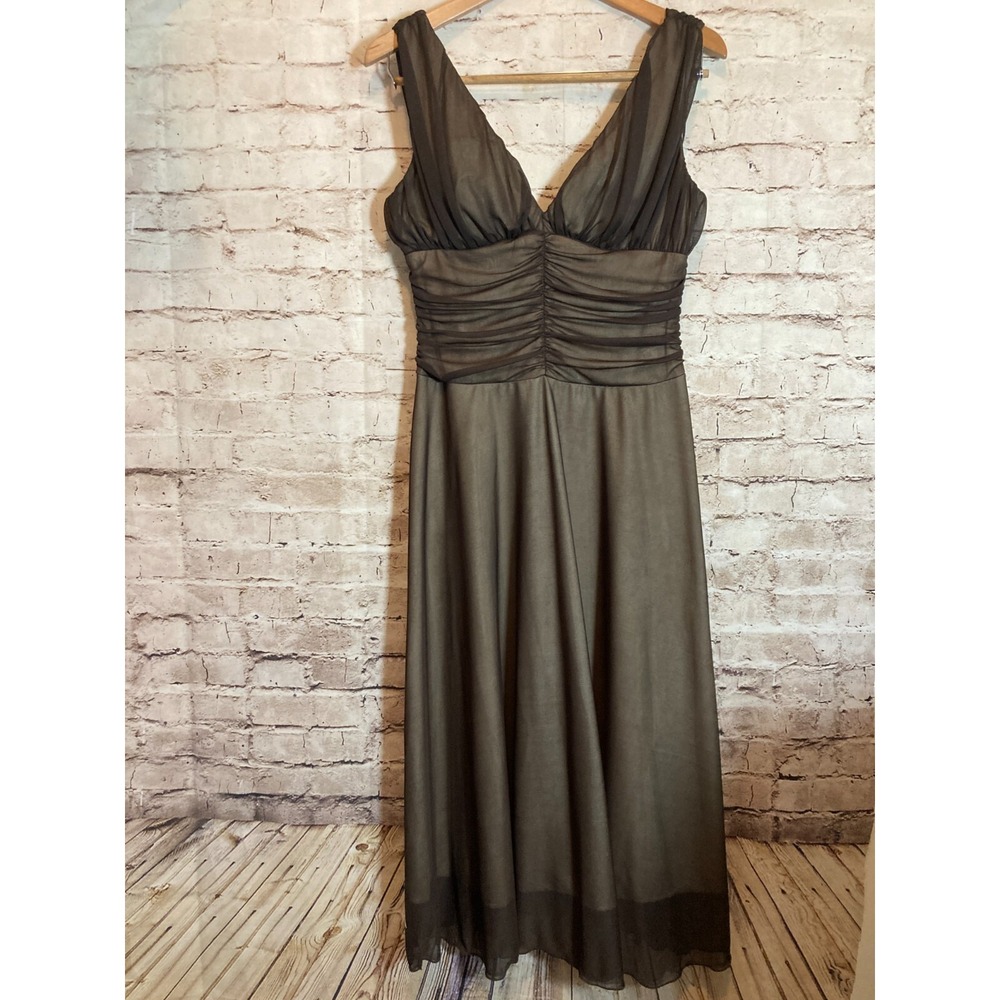 Connected Midi Dress 10 Chocolate Brown Mesh Babydoll Ruched Fairy Milk Maid